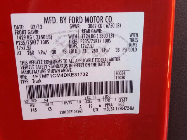 1FTMF1CM4DKE31732 - 2013 FORD F150 RED photo 10