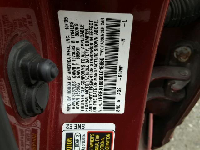 1HGFA16866L015850 - 2006 HONDA CIVIC EX BURGUNDY photo 10