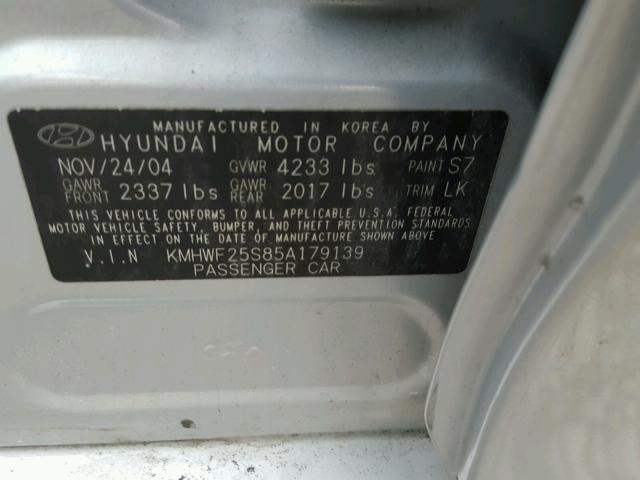 KMHWF25S85A179139 - 2005 HYUNDAI SONATA GL SILVER photo 10