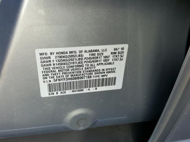 5FNYF3H60BB007188 - 2011 HONDA PILOT EXL SILVER photo 10