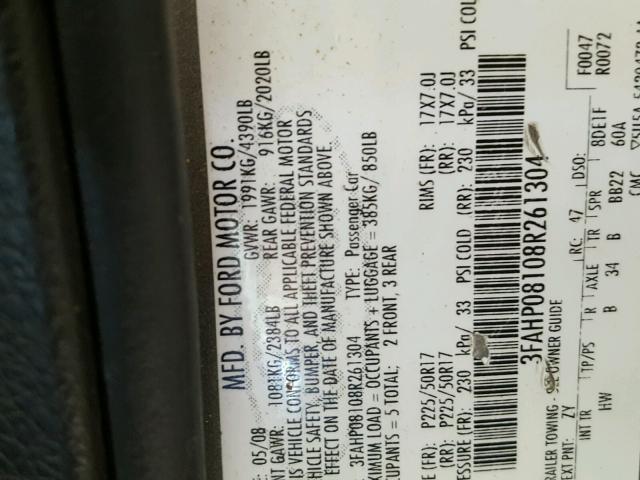 3FAHP08108R261304 - 2008 FORD FUSION SEL SILVER photo 10