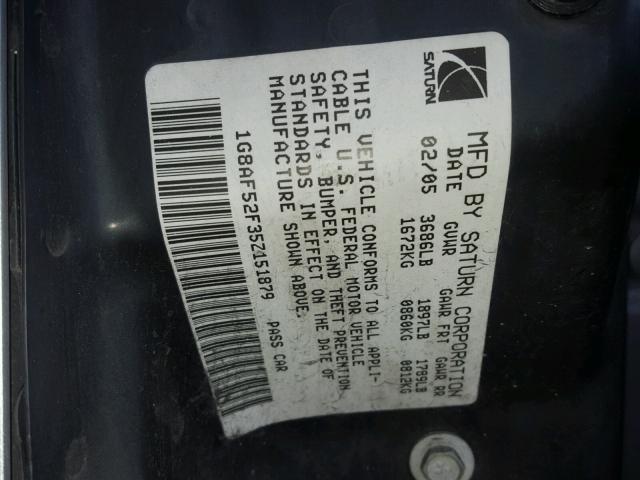 1G8AF52F35Z151879 - 2005 SATURN ION LEVEL SILVER photo 10