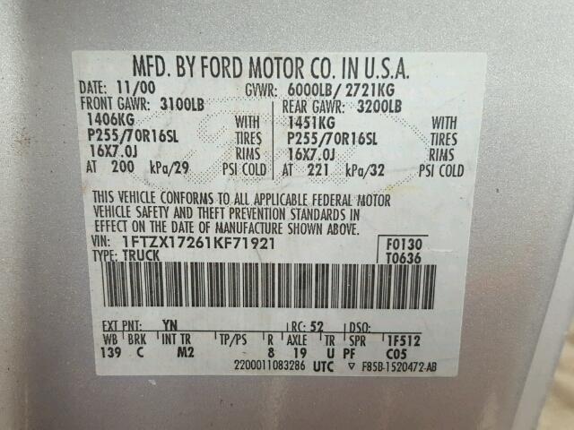 1FTZX17261KF71921 - 2001 FORD F150 GRAY photo 10