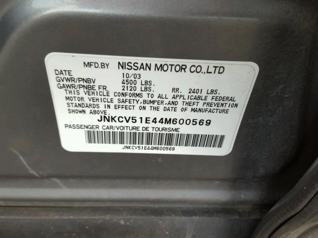 JNKCV51E44M600569 - 2004 INFINITI G35 GRAY photo 10