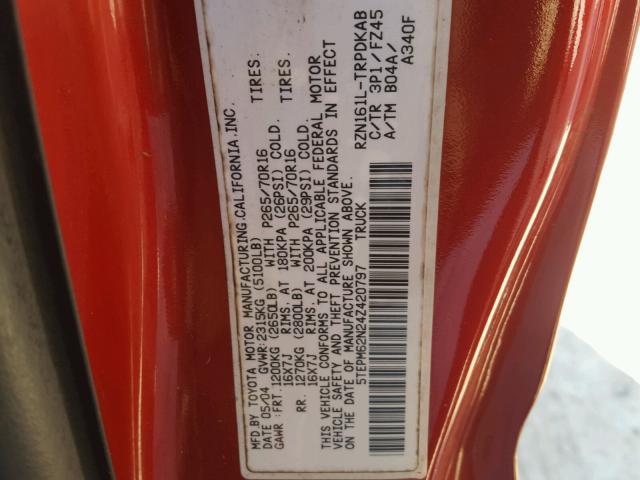 5TEPM62N24Z420797 - 2004 TOYOTA TACOMA RED photo 10