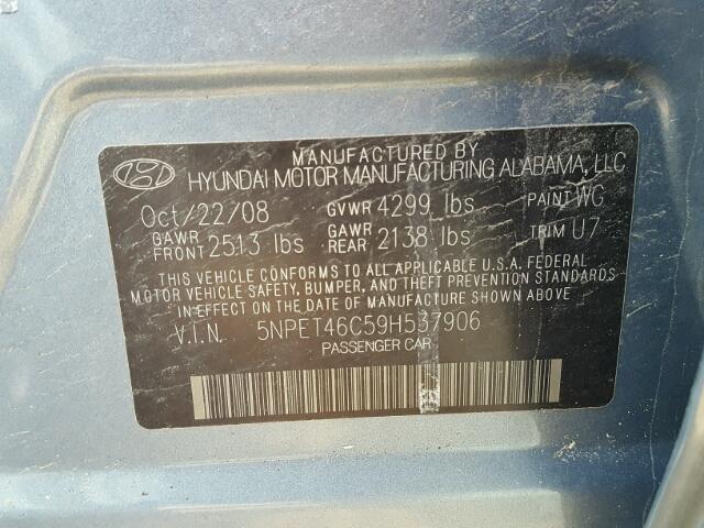 5NPET46C59H537906 - 2009 HYUNDAI SONATA GLS CHARCOAL photo 10