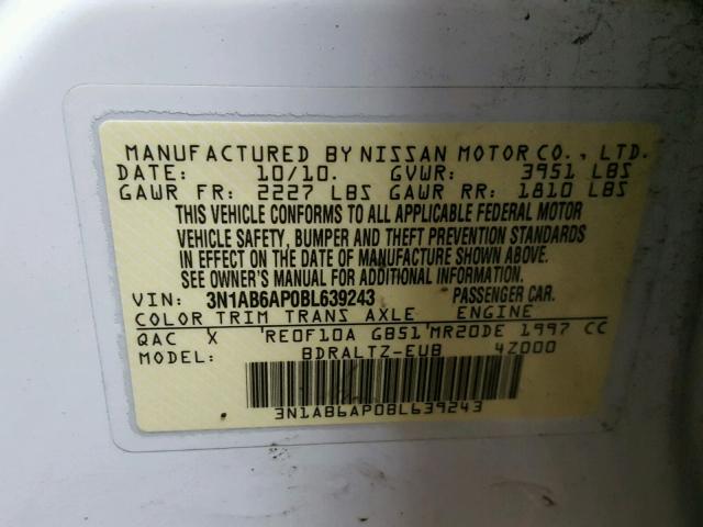 3N1AB6AP0BL639243 - 2011 NISSAN SENTRA 2.0 WHITE photo 10