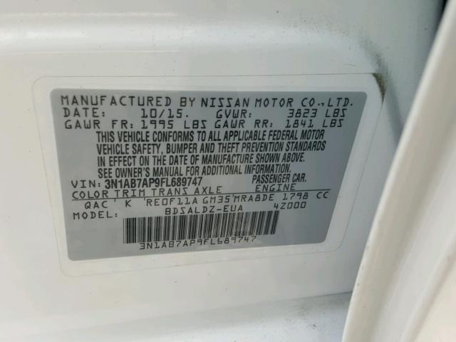 3N1AB7AP9FL689747 - 2015 NISSAN SENTRA S WHITE photo 10