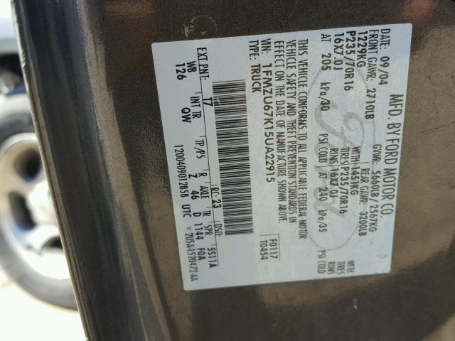 1FMZU67K15UA22915 - 2005 FORD EXPLORER S GRAY photo 10