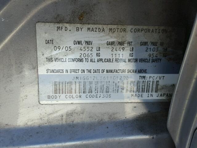 JM1GG12L361101298 - 2006 MAZDA SPEED 6 GRAY photo 10