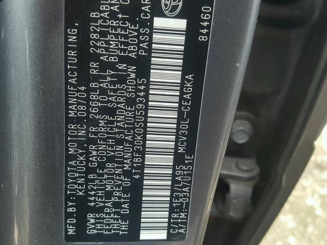 4T1BF30K05U593445 - 2005 TOYOTA CAMRY LE GRAY photo 10