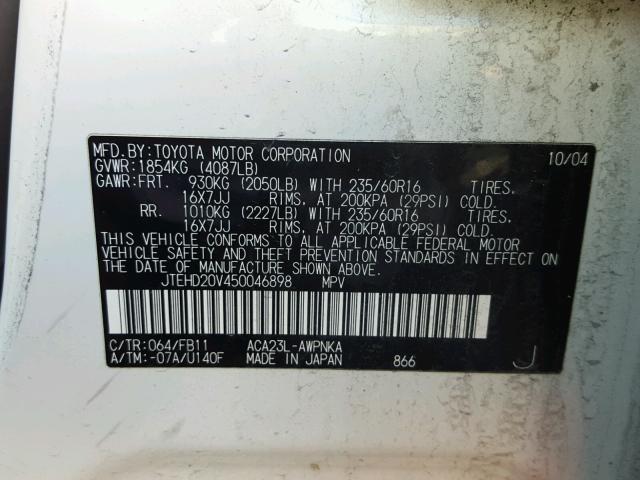 JTEHD20V450046898 - 2005 TOYOTA RAV4 WHITE photo 10