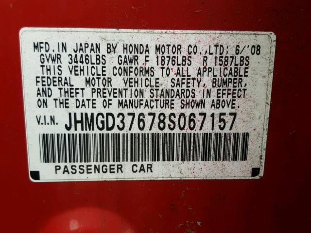 JHMGD37678S067157 - 2008 HONDA FIT SPORT RED photo 10