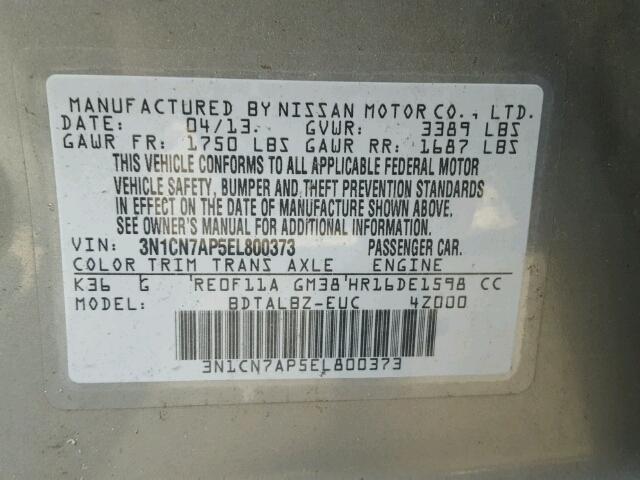 3N1CN7AP5EL800373 - 2014 NISSAN VERSA S SILVER photo 10