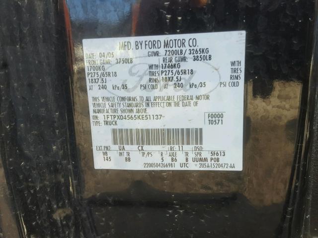 1FTPX04565KE51137 - 2005 FORD F150 BLACK photo 10