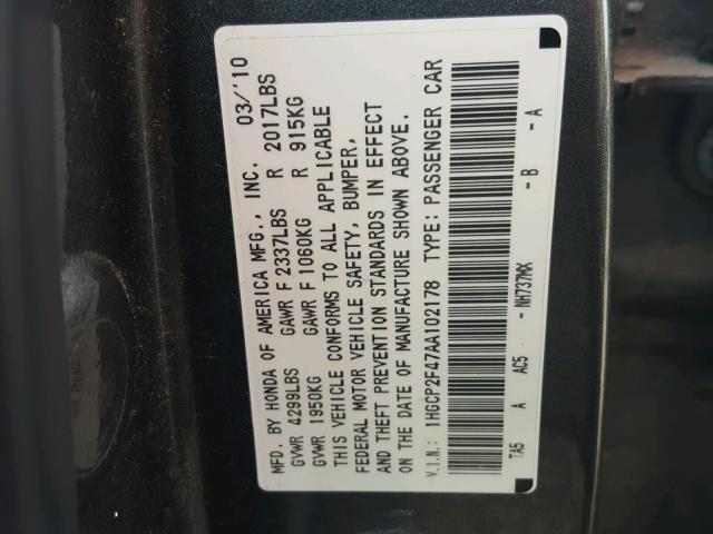 1HGCP2F47AA102178 - 2010 HONDA ACCORD LXP GRAY photo 10