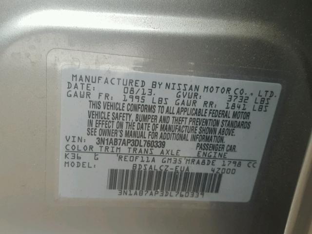 3N1AB7AP3DL760339 - 2013 NISSAN SENTRA S GRAY photo 10