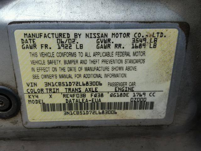 3N1CB51D72L683006 - 2002 NISSAN SENTRA XE SILVER photo 10