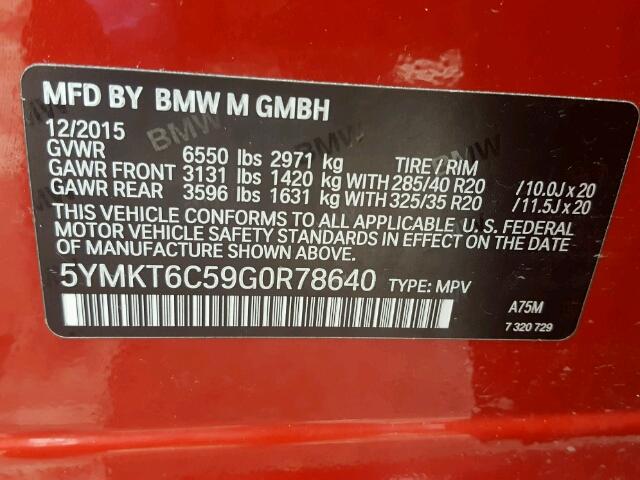 5YMKT6C59G0R78640 - 2016 BMW X5 M RED photo 10