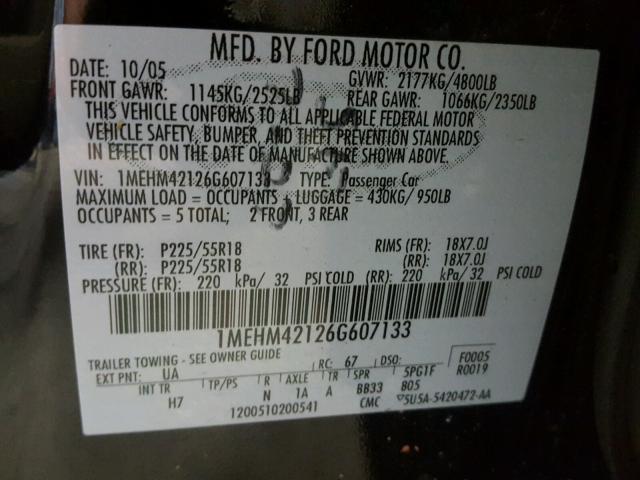 1MEHM42126G607133 - 2006 MERCURY MONTEGO PR 黑色 照片 10