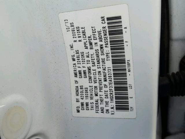 1HGCR2F37EA063731 - 2014 HONDA ACCORD LX WHITE photo 10