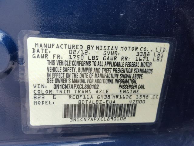 3N1CN7APXCL890102 - 2012 NISSAN VERSA S BLUE photo 10