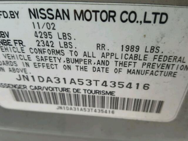 JN1DA31A53T435416 - 2003 NISSAN MAXIMA GLE SILVER photo 10