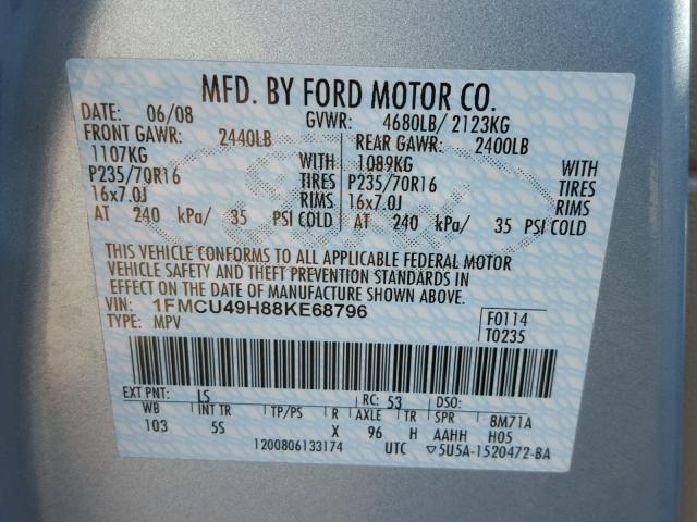 1FMCU49H88KE68796 - 2008 FORD ESCAPE HEV SILVER photo 10