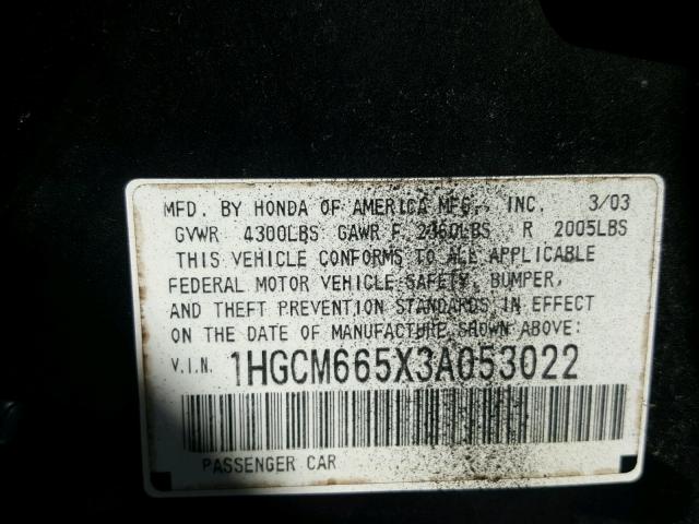 1HGCM665X3A053022 - 2003 HONDA ACCORD EX BLACK photo 10