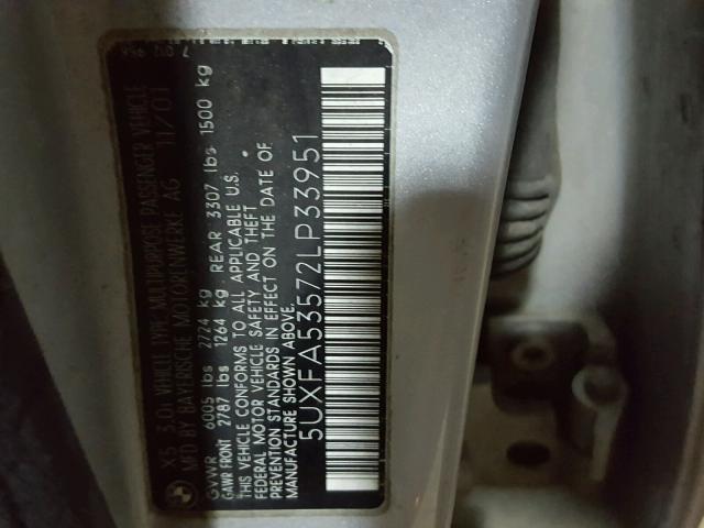 5UXFA53572LP33951 - 2002 BMW X5 3.0I SILVER photo 10