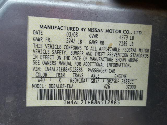 1N4AL21E88N512885 - 2008 NISSAN ALTIMA 2.5 GRAY photo 10