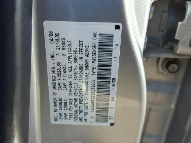 19UUA66228A042686 - 2008 ACURA TL GRAY photo 10