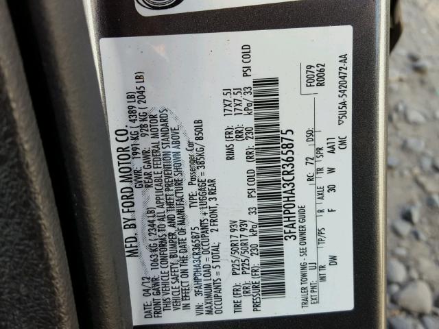 3FAHP0HA3CR365875 - 2012 FORD FUSION SE GRAY photo 10