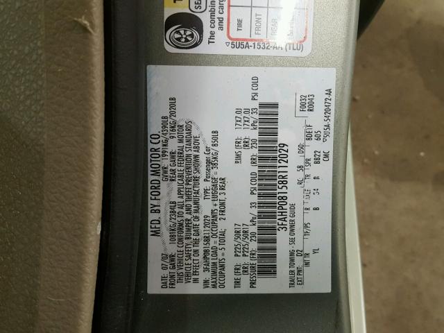 3FAHP08158R112029 - 2008 FORD FUSION SEL GREEN photo 10