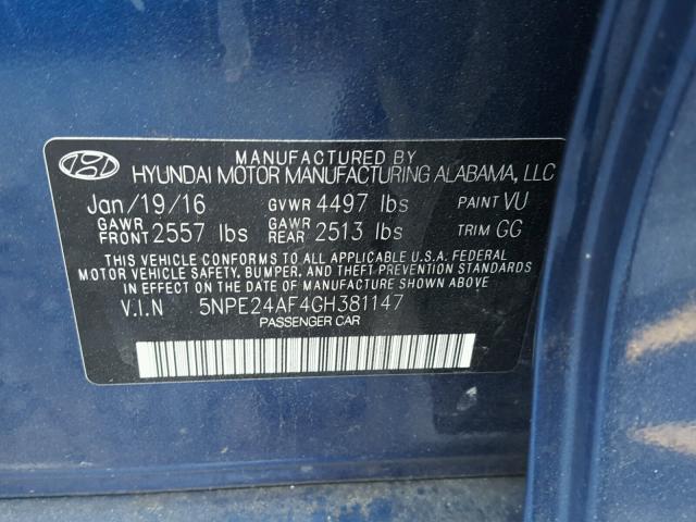 5NPE24AF4GH381147 - 2016 HYUNDAI SONATA SE BLUE photo 10