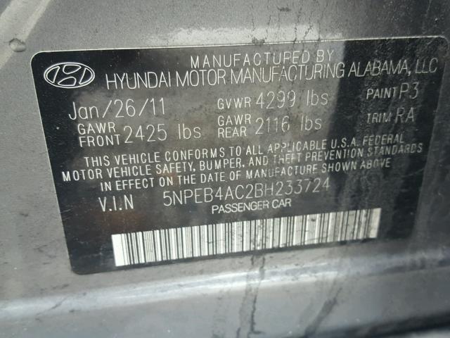 5NPEB4AC2BH233724 - 2011 HYUNDAI SONATA GLS GRAY photo 10