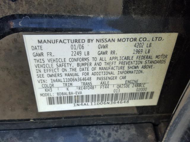 1N4AL11D06N364648 - 2006 NISSAN ALTIMA S BLACK photo 10