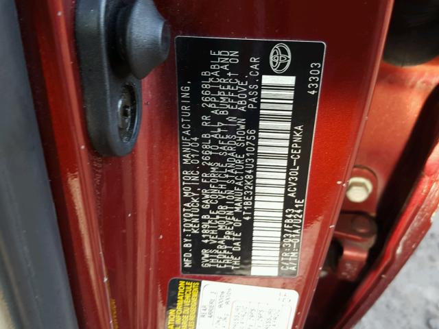 4T1BE32K84U310756 - 2004 TOYOTA CAMRY LE RED photo 10