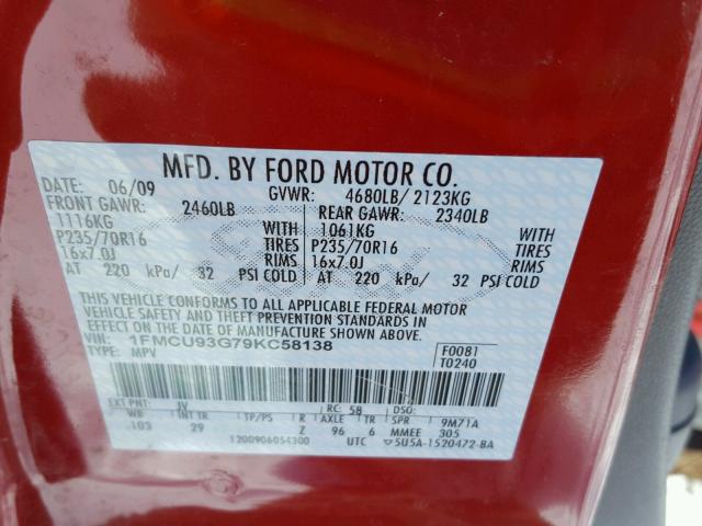 1FMCU93G79KC58138 - 2009 FORD ESCAPE XLT RED photo 10