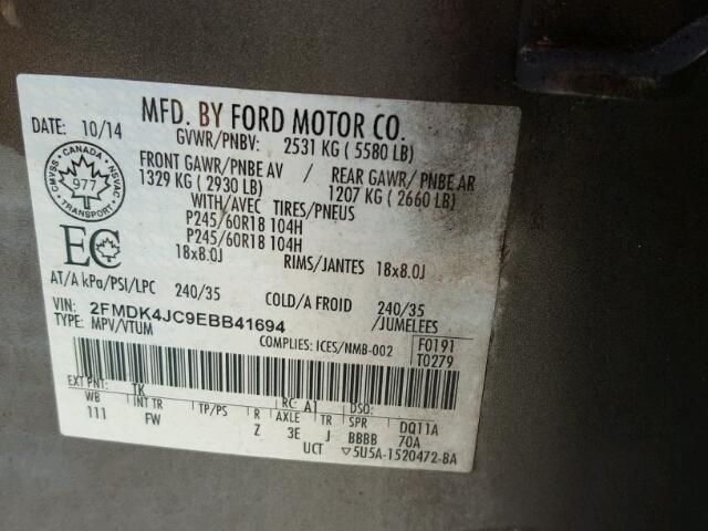 2FMDK4JC9EBB41694 - 2014 FORD EDGE SEL GRAY photo 10