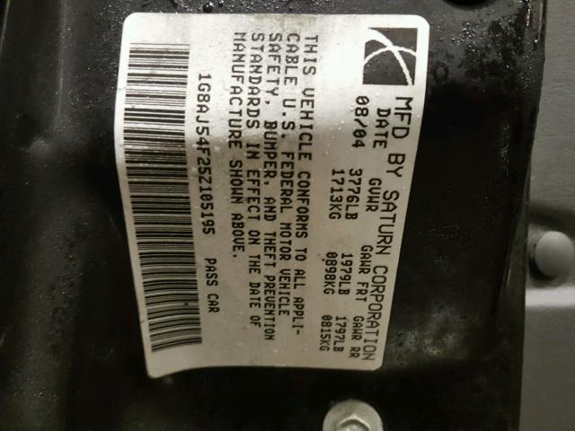 1G8AJ54F25Z105195 - 2005 SATURN ION LEVEL 银色 照片 10