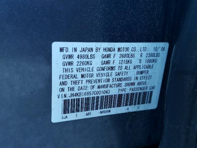 JH4KB16657C001043 - 2007 ACURA RL GRAY photo 10