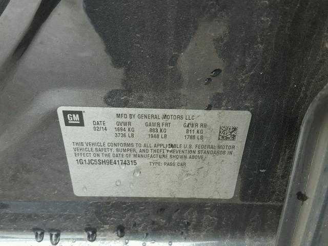 1G1JC5SH9E4174315 - 2014 CHEVROLET SONIC LT GRAY photo 10