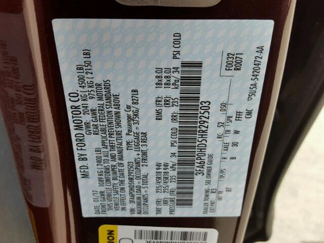 3FA6P0HD5HR292503 - 2017 FORD FUSION SE BURGUNDY photo 10