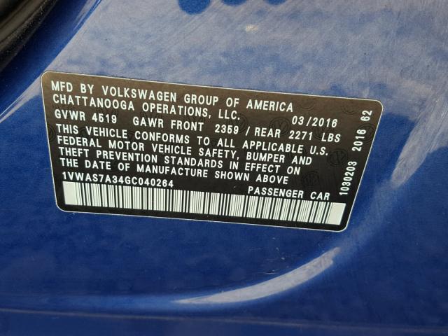 1VWAS7A34GC040264 - 2016 VOLKSWAGEN PASSAT S ლურჯი ფოტო 10