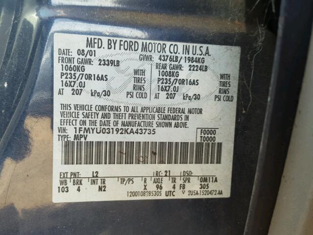 1FMYU03192KA43735 - 2002 FORD ESCAPE XLT BLUE photo 10