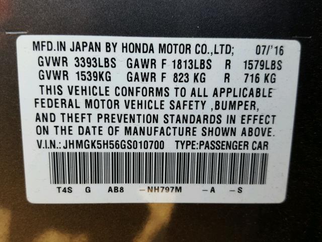 JHMGK5H56GS010700 - 2016 HONDA FIT LX Gris photo 10