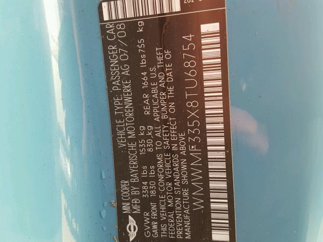 WMWMF335X8TU68754 - 2008 MINI COOPER BLUE photo 10