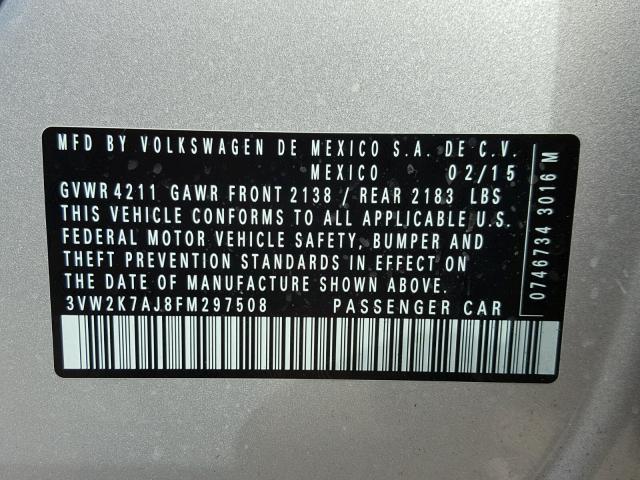 3VW2K7AJ8FM297508 - 2015 VOLKSWAGEN JETTA BASE ვერცხლისფერი ფოტო 10
