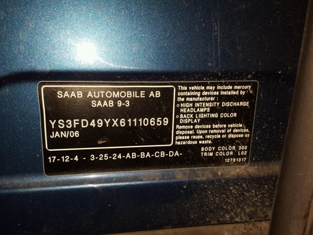 YS3FD49YX61110659 - 2006 SAAB 9-3 BASE BLUE photo 10